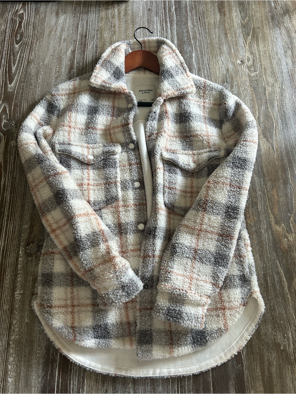 Abercrombie & Fitch Plaid Teddy Shacket in Cream, Gray & Tan
